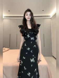 Xzy/Xin Zhengyan Plus Size Ladies Retro Butterfly Print Flying Sleeves Dress Womens Summer Waist-Tight Skimming Small Black Dress