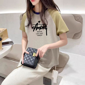 Pure Cotton Summer Loose Slim Fit Short Sleeve T-Shirt Shoulder Insert Design Casual Style Color Block Top for Women