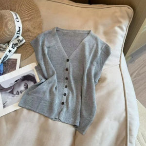 Shalldoer | Simple Solid Color Single Button V-neck Knitwear Short Sleeve Womens Summer New Style Elegant Versatile Design Top