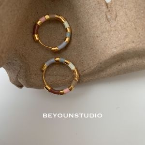 Zuoran Fashion Enamel Color Block Gold Bronze Earrings Womens Studs Hoops Elegant High-End Design Collision Color Female