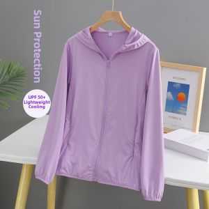 Womens Ice Silk Long Sleeve Hooded Lightweight Breathable Summer Sun Protection Outerwear Zipper Pocket Resin Color Fastening