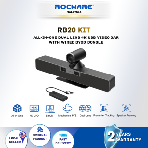 ROCWARE RB20 KIT 4K Dual-Lens PTZ Video Bar with BY42 Dongle | BYOD/BYOM Supported | AI-Driven Framing | Presenter Tracking | Speaker Detection | Mechanical PTZ | 8 Meter Voice Pickup