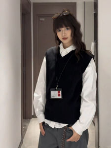 LIUBU | Black College Style V-Neck Knit Vest