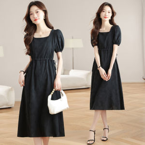 ชุดเดรสยาวแขนพองสไตล์ฮิปซี เอวเข้ารูป ชุดสีดำสำหรับผู้หญิงในฤดูร้อน ชุดกระโปรงทรงเอ เสื้อผ้าทำงาน สไตล์เกาหลี