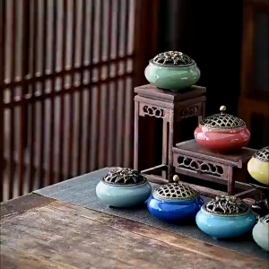 Lư Đốt Trầm Gốm Sứ Nắp Hợp Kim Hoa Văn – Lư Đốt Nhang Vòng Decor Góc Thư Giãn Bàn Trà