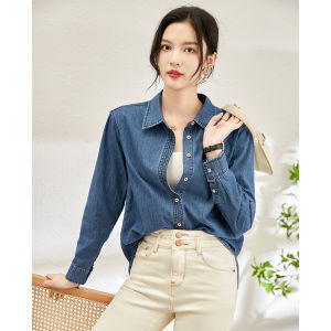 เสื้อเชิ้ตยีนส์คอกลมแขนยาวผู้หญิงทรงหลวมสไตล์ลำลองฤดูใบไม้ร่วงใหม่แฟชั่นเสื้อเชิ้ตแขนยาวทรงเข้ารูป