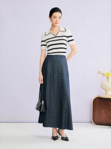 Color Block Seagull Collar Striped Acetate Linen Blend Knitwear