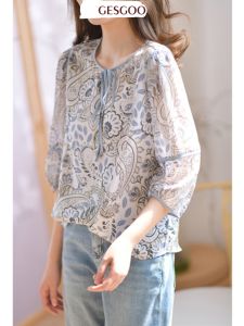 Outlets Mall Counter Big Discount Summer Shoelace 3/4 Sleeve Silk Shirt Women Retro Print Tops