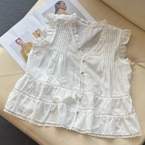 Shalldoer | Unique Elegant Blue Pleated Wood Ear V-neck Doll Shirt Ladies Summer Sleeveless Lace Trim Top Casual Loose Style Breathable