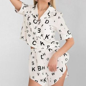 Hiloc Printing Letter Pajamas With Shorts Summer Cropped Shirts And Baggy Shorts Women Nightwear Two Pieces Ladies Outfits