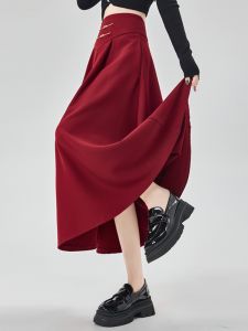 Wine Red Suit A-Line Midi Skirt Womens High Waist Slimming Pleated Skirt Autumn Fashion Elegant Style Casual Occasion