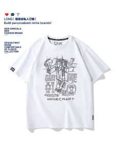 Minecraft Summer New Men Women Kids T-Shirt Cotton Sweat Absorbent Cartoon Print Shoulder Width Loose Style round Neck Short Sleeve