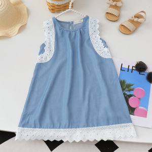 Bear Leader Summer O-neck Lace Spliced Girls A-line Dress Casual Solid Color 3-7 Year Old Sleeveless Childrens Wear