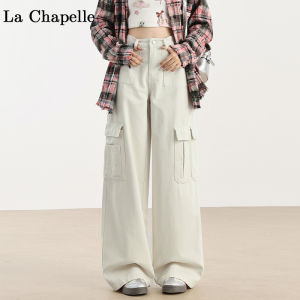 La Chapelle American Style White Work Pants Womens Loose Straight High Waist Wide Leg Jeans Spring Season Pure Color Denim