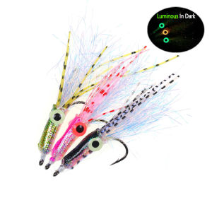 6pcs #4 Luminous 3D Fish Eyes Squid Streamer Fly Flashabou Tinsel Baifish Streamer Tarpon Bass Snapper Pike Sea Fishing Lure