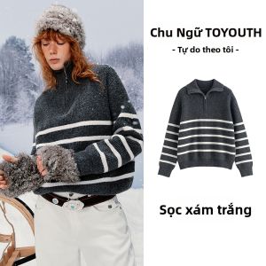 Toyouth | Áo Sweater Len Nữ Cổ Zip Đính Sọc Kinh Điển Ấm Áp