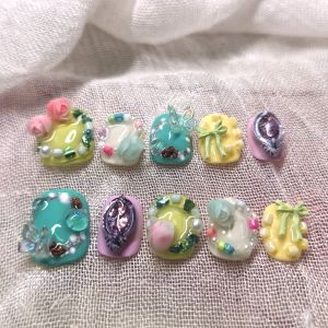 Handmade Wearing Nail Art Dopaamine Butterfly Flower Short Style 3D Printed Fun Childhood Design Nail Tips by SY Brand