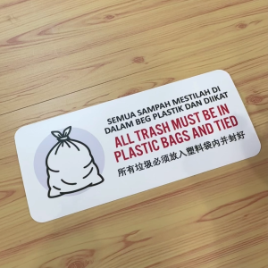 Trash Plastic Bags Tie. All Trash Must Be In Plastic Bags and Tied. Premium Sticker Sign Notice.