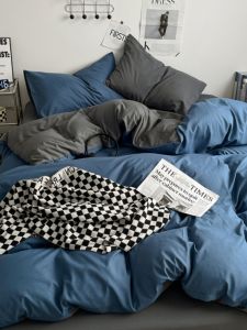 Simple Japanese Style Four-Piece Bedding Set Student Dormitory Pure Color Three-Piece Blue Grey Bed Canopy Design Bedding