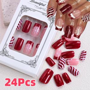 24Pcs Red Glitter Christmas Fake Nails Snowflakes Xmas Hat Stripe Design Short Square Press On Nails Full Cover False Nail Tips