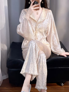 Luxurious French Style Gold Diamond Velvet Sleepwear Womens Long Sleeve Bell Sleeve Lace Trim Autumn Winter New Arrival Sweet Home Clothes