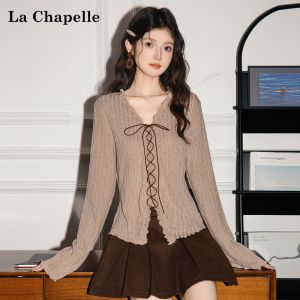 เสื้อยืดคอกว้างแขนยาวถักสีเทา La Chapelle สำหรับผู้หญิง ฤดูใบไม้ร่วง 2025 ทรงหลวม ปกโปโล แขนยาว ปกโปโล