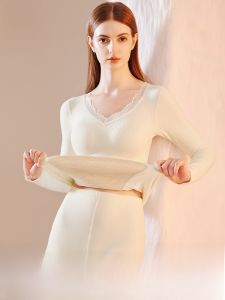 MiiOW | Warmth Innerwear Set For Women With Chest Pad Wool Silk Traceless Autumn And Winter Thermal Underwear V-neck Long Sleeve