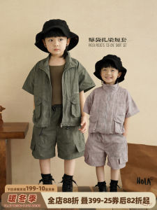 Summer New Mens Childrens Clothing Set Tie Dye Short Sleeve Stand Collar Cool Two Piece Set Japanese Style Kids Outfit