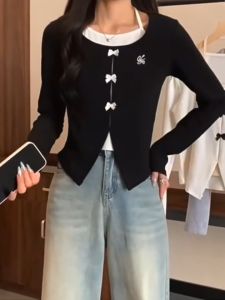 [A364] Áo len thun nữ Montoghi dệt kim PHỐI LỚP LÓT 3 NƠ kiểu vạt xẻ tay dài cổ V sang trọng - L2M