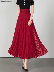 กระโปรงสั้นผ้าชีฟองเอวสูงสไตล์ใหม่ฤดูร้อนปี 2025 สีแดงไวน์ กระโปรงยาวทรงเอเอวสูง กระโปรงยาวปานกลาง กระโปรงทรงเอ