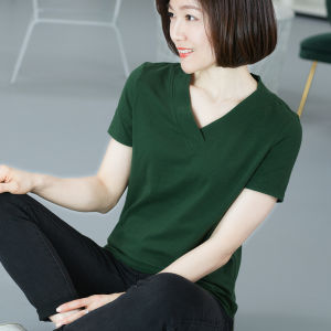 Loose Fit V-Neck Short Sleeve Pure Cotton T-Shirt Red Color for Mom Snake Year Summer Wear Casual Commute Style Classic Pattern