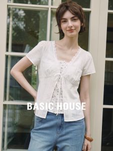 Basic House | Womens Winter French V-Neck Lace Splice Short-Sleeve Shirt