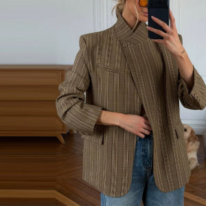 Women Plaid Blazer Coat Spring Stand Collar Long Sleeve Single Button Pockets Female Office Jacket Casual Commute Loose Top 2026