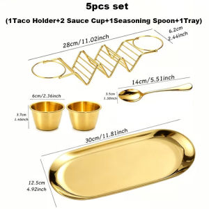5Pcs Stainless Steel Taco Holder Set with Sauce Cups Spoon Tray Taco Holder Kitchen Dressing Cup Seasoning Spoon Serving Tray