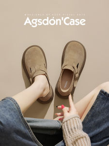 Agsdon Womens Thick Bottom Real Leather Birkenstock Shoes Autumn Winter Soft Bottom Slip-On Casual round Toe Rubber Sole