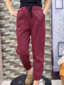 Womens Fleece Lined Casual Harlan Pants High Waist Elastic Waistband Cotton Wool Blend Slimming Nine Point Sports Sweatpants