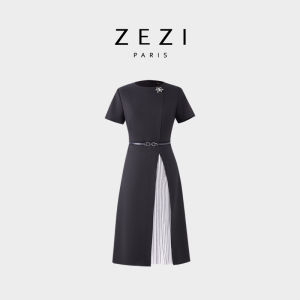 Zezi Spring New Style Wool Blend Short Sleeve Womens Dress Color Block Pleated round Neck Slimming Midi Dress Commute Simple