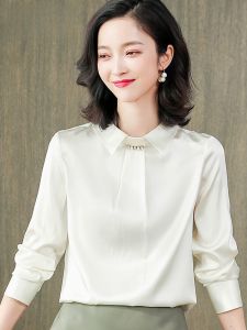 HENGYUANXIANG | เสื้อเชิ้ตผ้าไหมซาตินแขนยาวสำหรับผู้หญิง ดีไซน์เรียบง่าย สไตล์ย้อนยุค เสื้อผ้าทำงาน ฤดูใบไม้ผลิ 2025 เสื้อเชิ้ตผ้าไหม