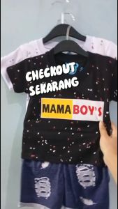 Setelan Baju bayi anak laki laki motif karakter Mama Boys celana denim  usia anak 3-15 bln .
