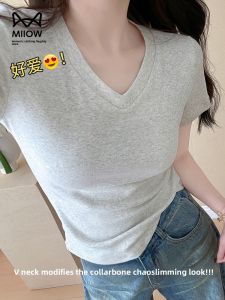 Miiow | Pure Cotton V-Neck Short Sleeve Womens T-Shirt Slim Fit Waist-Cinching Thin Summer New Style Casual Versatile Top