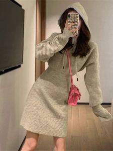 เสื้อสเวตเตอร์ถักมีฮู้ด เสื้อชั้นในยาว ผ้าขนสัตว์ ฤดูใบไม้ผลิและฤดูใบไม้ร่วง สไตล์ใหม่ แฟชั่นฝรั่งเศส อบอุ่น ชุดเดรส