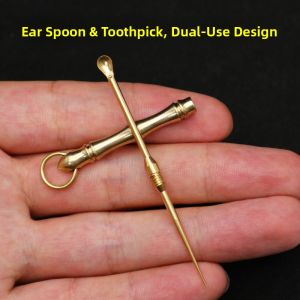 Handmade Bimetallic Copper And Brass Double Ear Spoon Toothpick Combination Portable Ear Cleaning Keychain Old Style