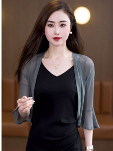 Summer Lightweight Mesh Shawl Cardigan Womens Sleeveless Short Coat Half Open Collar Five-Quarter Length Nylon Spandex Blend