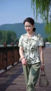 【Set】Women Suits Korean Style Floral Printed Short-sleeve Blouse Tops + Wide-leg Pants Two-piece Set