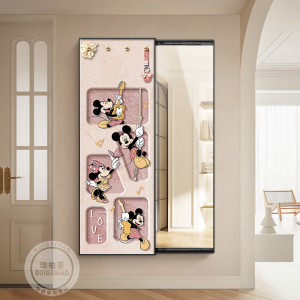 Mickey Hallway Decorative Painting Pink Hidden Sliding Mirror Bedroom Full-length Cartoon Wall Art Modern French Style Home Decor