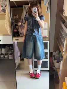 กางเกงขาสั้นยีนส์ทรงเอเอวสูงสีน้ำเงินสไตล์ย้อนยุคไซส์ใหญ่สำหรับผู้หญิง กางเกงขายาวทรงตรงทรงหลวม 5 กระเป๋า