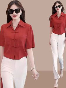New Chinese Style Short Sleeve Shirt Womens Button up Top Small Size Summer 2024 Fashionable Traditional National Style