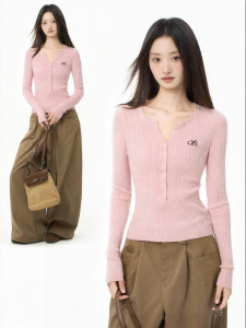 Áo Thun Knit Ôm Dài Tay Cổ V Màu Hồng