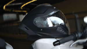 AXK 905 Semi-opening helmet dual visors with BPS sticker shipped in box motorcycle riding gear.