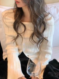 PEIXI | Off-Shoulder Lock-Collar Long-Sleeve Knit Cardigan